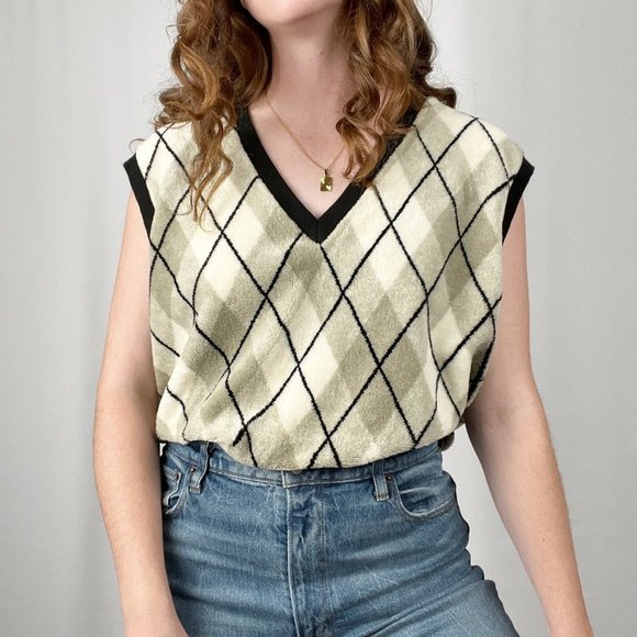 Vintage Jackets & Blazers - Vintage Preppy Argyle Oversized Teddy Sweater Vest Dark Light Academia Aesthetic